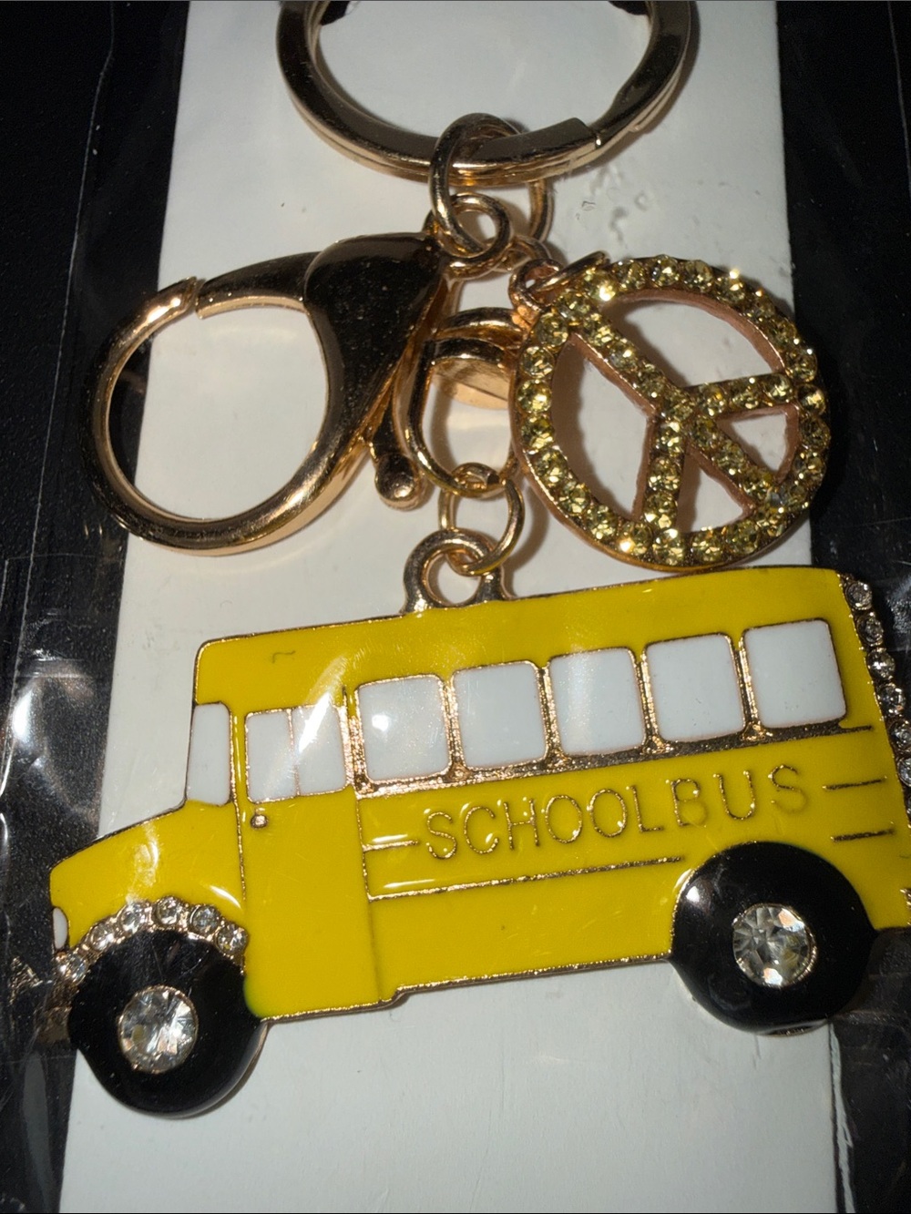 Kids Yellow School Bus Keychain with Gold Peace Charm